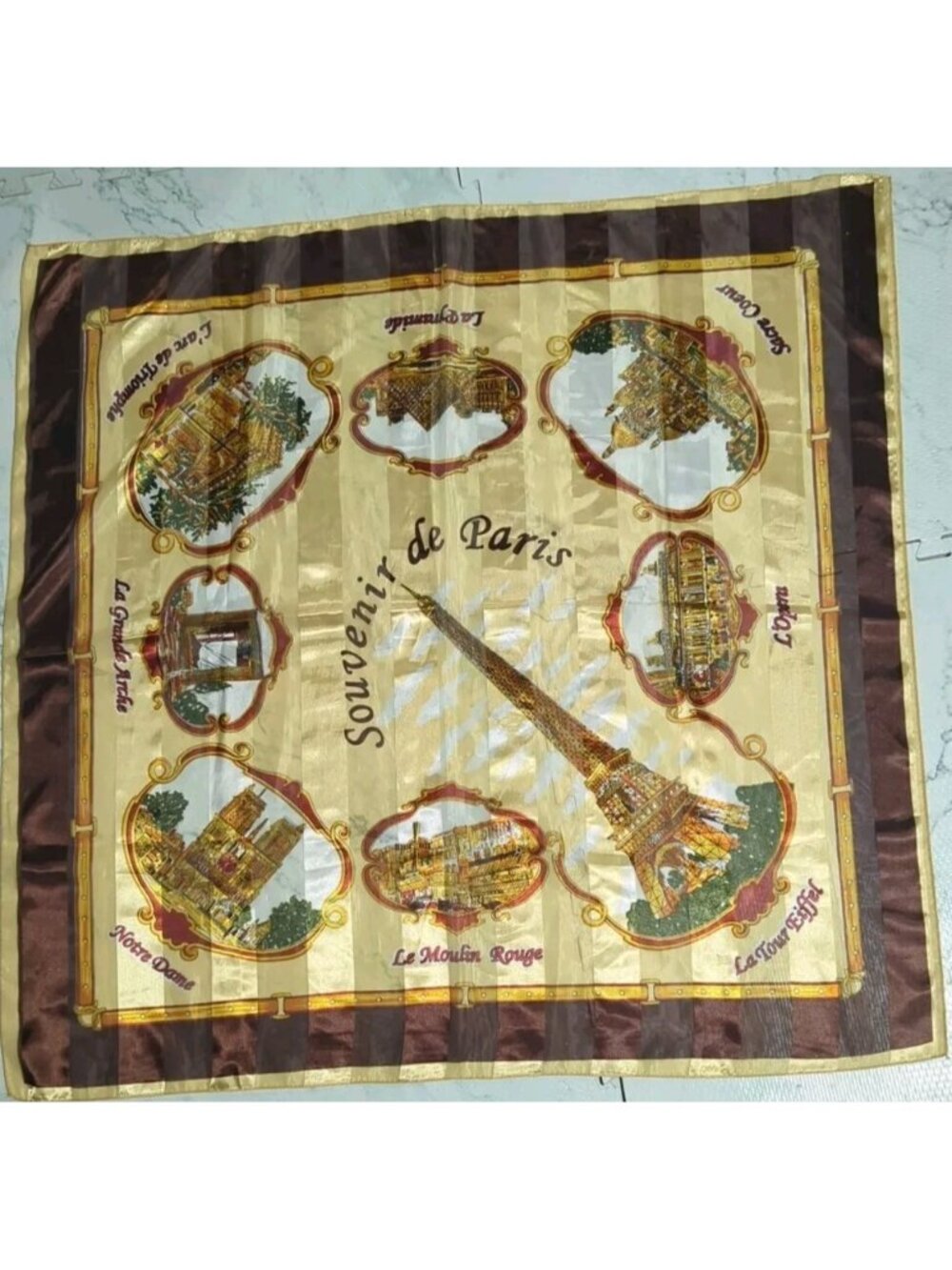 Vintage Silk Scarf Souvenir De Paris  France ~ Dark Brown 26”x26”Clean Unused